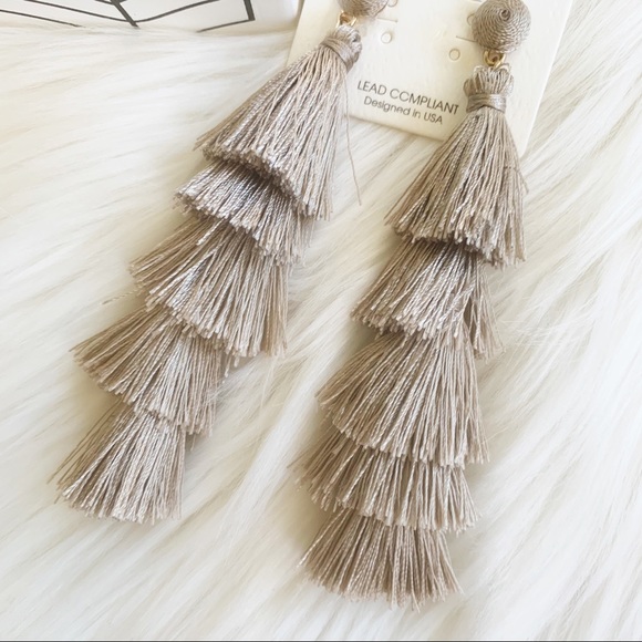 TULIPAN Multi Layer Taupe Tassel Fringe Earrings - Picture 6 of 7